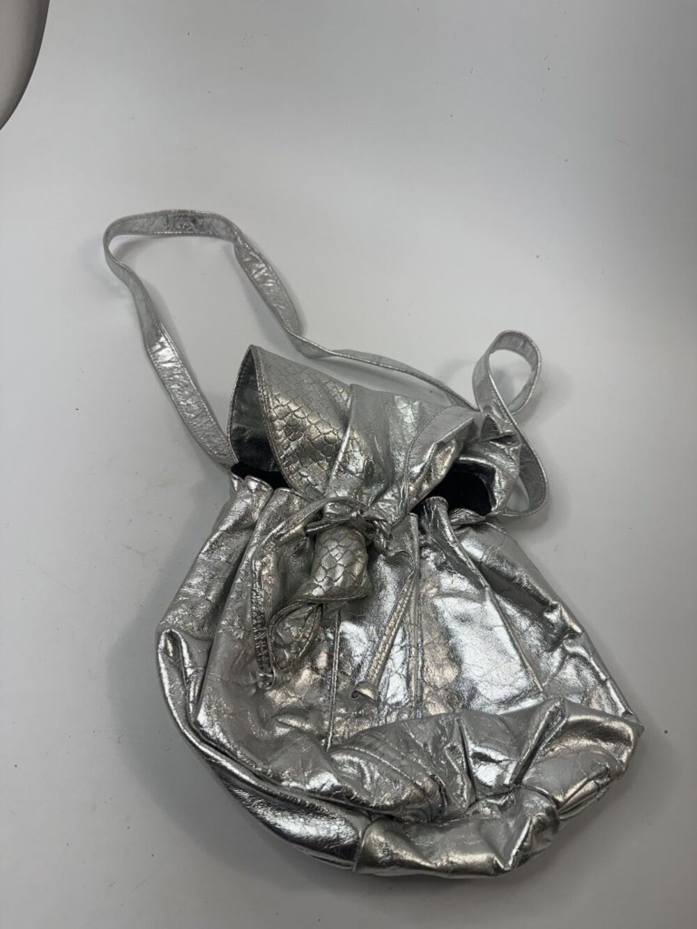 L.J. Simone Metallic Silver Drawstring Bucket Bag With Shoulder Strap